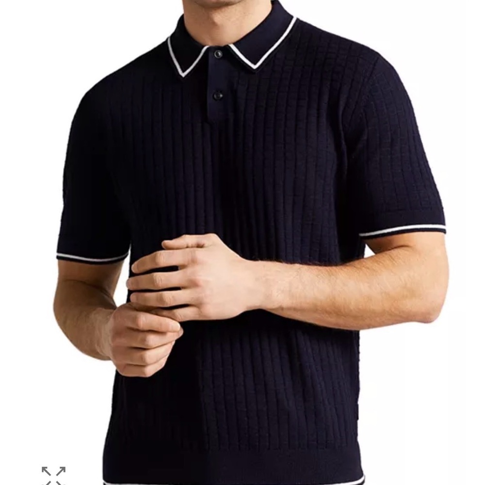 Ted Baker Rib Pitfield Rib Knit Polo Shirt Navy White Tip Size 5 L/XL